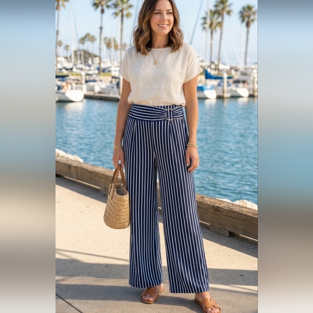 Robert Louis Nautical Striped Wide Leg Palazzo Pants Petite Small PS